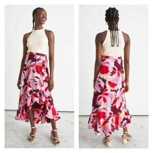 & OTHER STORIES Wrap Maxi Skirt Womens 0 Pink Red Floral Prink Ruffle Tie Waist
